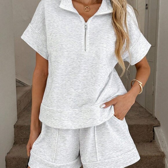 Light Grey Casual Women's Loose Zipper Polo Collar Top and Shorts Set - Picture 7 of 7